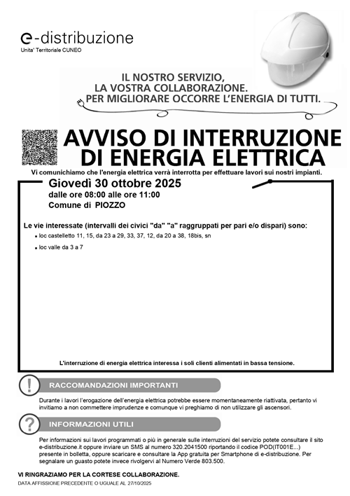 Avviso di interruzione di energia elettrica per giovedì 30 ottobre 2025