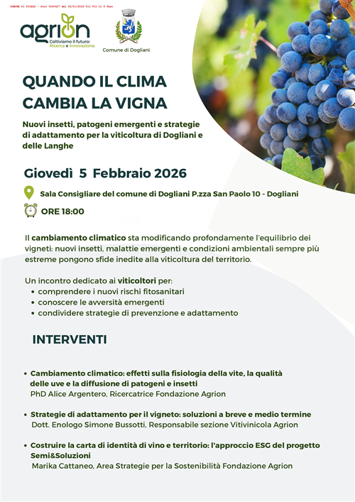Comune di Dogliani: 5 febbraio 2026 "Quando il clima cambia la vigna"