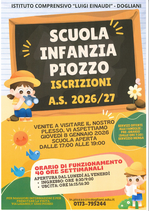 Scuola Infanzia di Piozzo: iscrizioni a.s. 2026/27